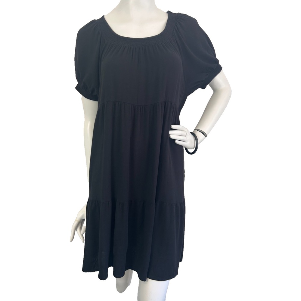 Torrid Black Tiered Babydoll Dress Smocked Scoop Neck Puff Sleeve 00 M L 10 EUC